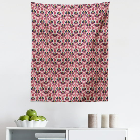 Ethnic Tapestry, Ikat Pattern Far Eastern Traditional Damask Oriental Bohemian Style Pattern, Fabric Wall Hanging Decor for Bedroom Living Room Dorm, 5 Sizes, Pink Beige Indigo, by Ambesonne
