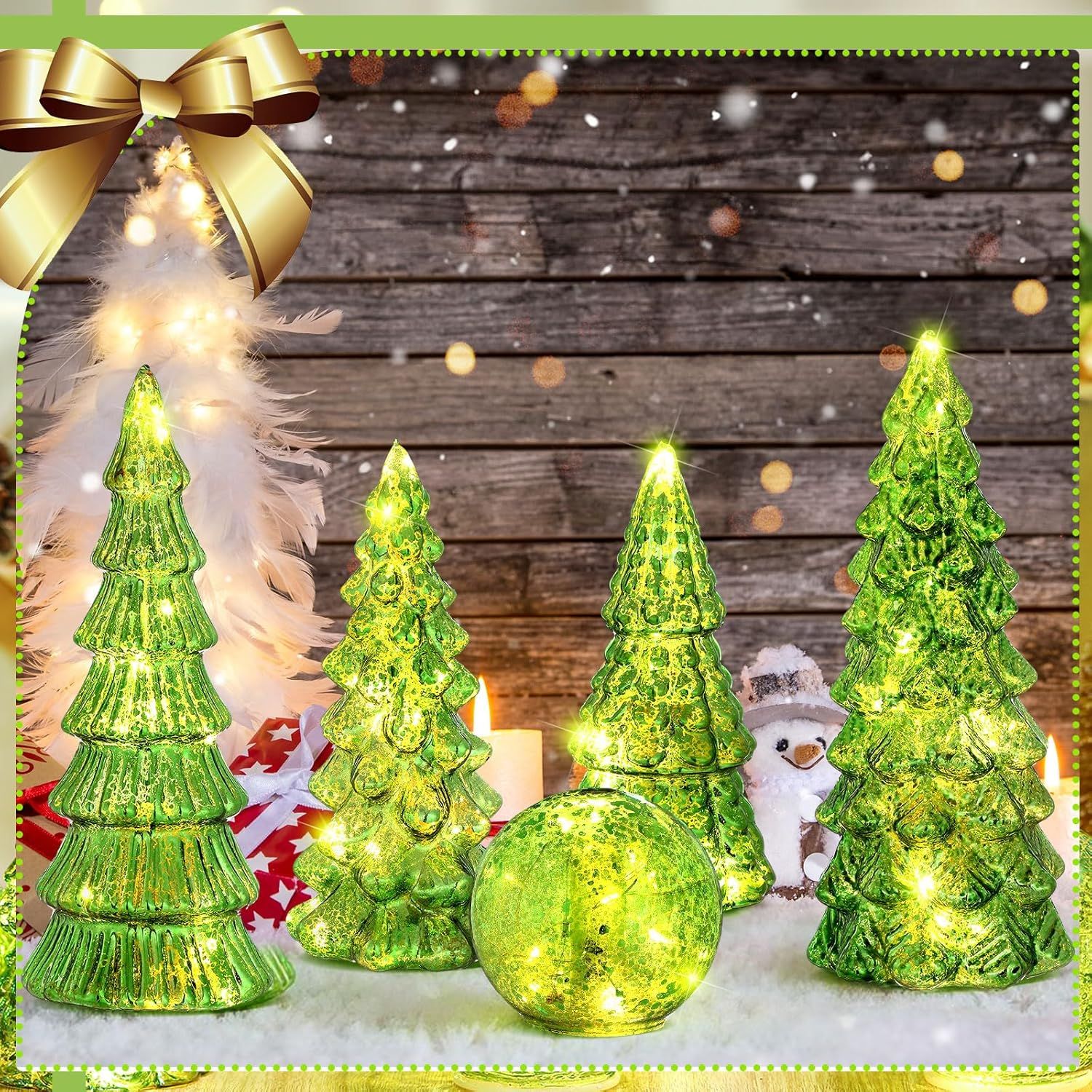 6 Pcs Mercury Glass Christmas Tree for Tabletop Light up Figurine Christmas Tree Mercury Cracked Glass Globe with Light for Xmas Decor Home Party Centerpiece Mantel Gift