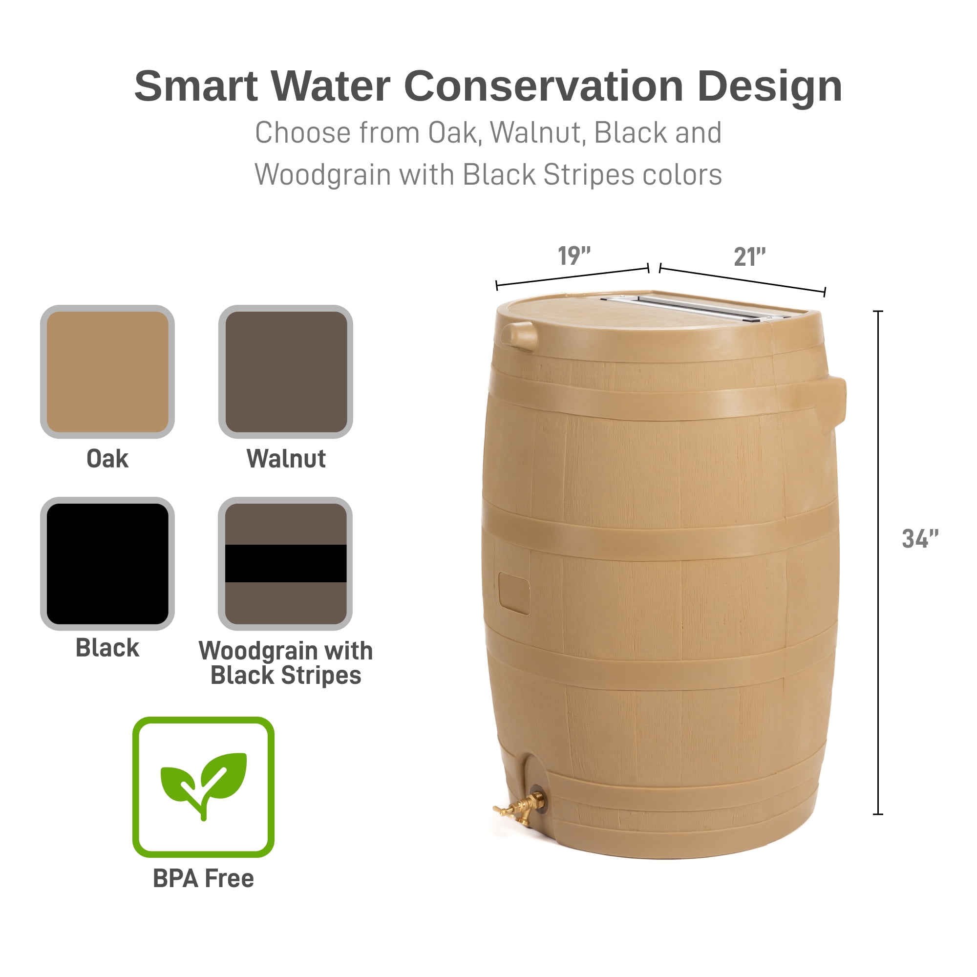 RTS Home Accents Polyethylene 50 Gallon Flat Back Brass Spigot Rain Barrel, Oak Color