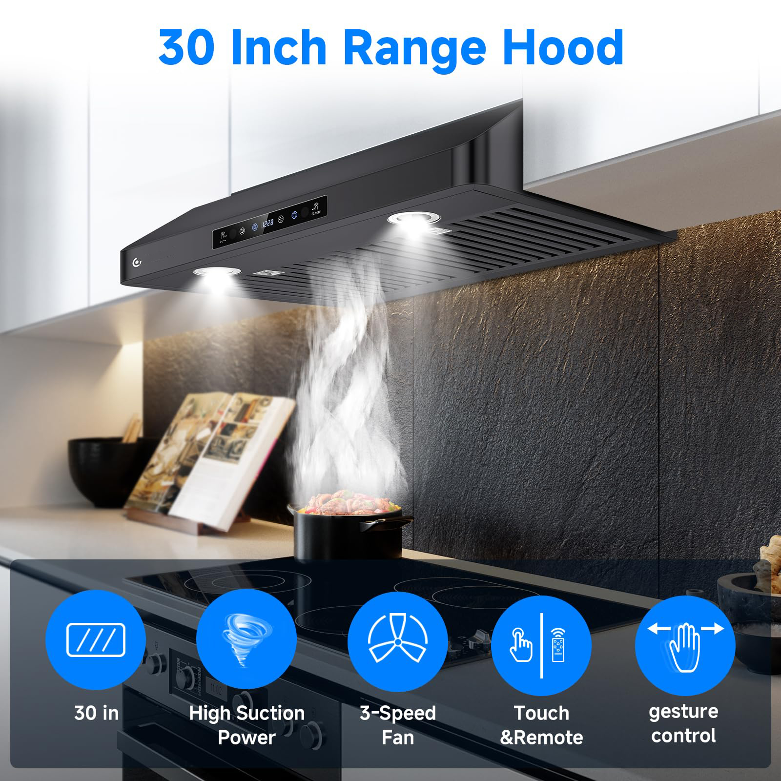 Aobosi Under Cabinet Range Hood 30 Inch, 750CFM Stainless Steel Kitchen Stove Vent Hood 3 Speed Exhaust Fan Touch/Remote/Gesture Control, Black