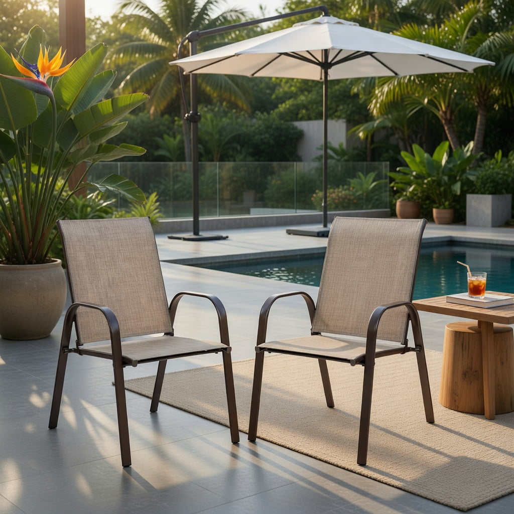 Hommoo 2-Pack Outdoor Patio Dining Chairs with Armrests, Heavy-Duty Steel Frame, Breathable Fabric, for Garden, Poolside & Balcony Use, Gray
