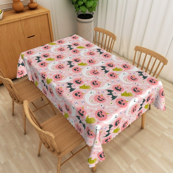 Nanqianyi Pink Ghost Halloween Tablecloth 60×84 Inch, Rectangle Washable Table Cloth with Pumpkin Bat Pattern, Cartoon Halloween Kitchen Tables Decoration