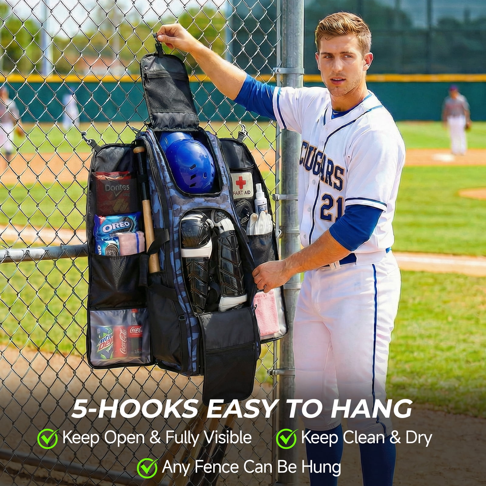 Fegat Rolling Baseball Bag, 100L Large Catcher Gear Bag Softball Bags with Wheels, Youth Equipment Bag Holds 8 Bats, Full Set, with Fence Hooks, Reflective Strip, Shoe Compartment