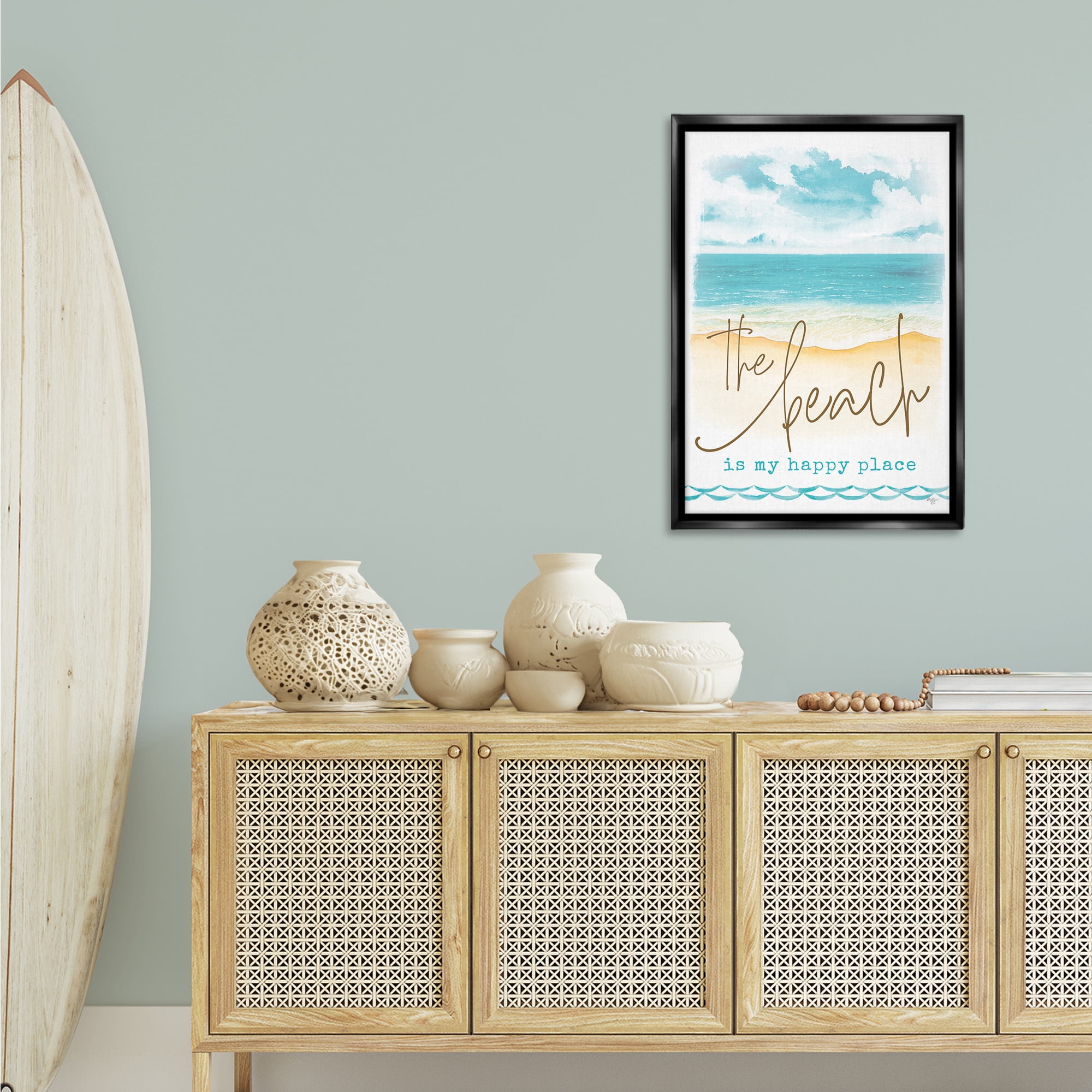 Stupell Industries Beach is Happy Place Text & Numbers Painting Black Floater Framed Canvas Art Print Wall Art, 21 x 31