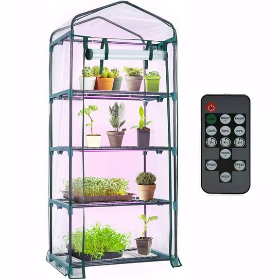 Mini Greenhouse with Grow Light , 4 Tier 27.2" ×19.9" ×61.8" Portable Greenhouse with Zippered for Seed Starting Trays , Dimmable 2ft 60W Plant Light for Indoor Plant with Timer