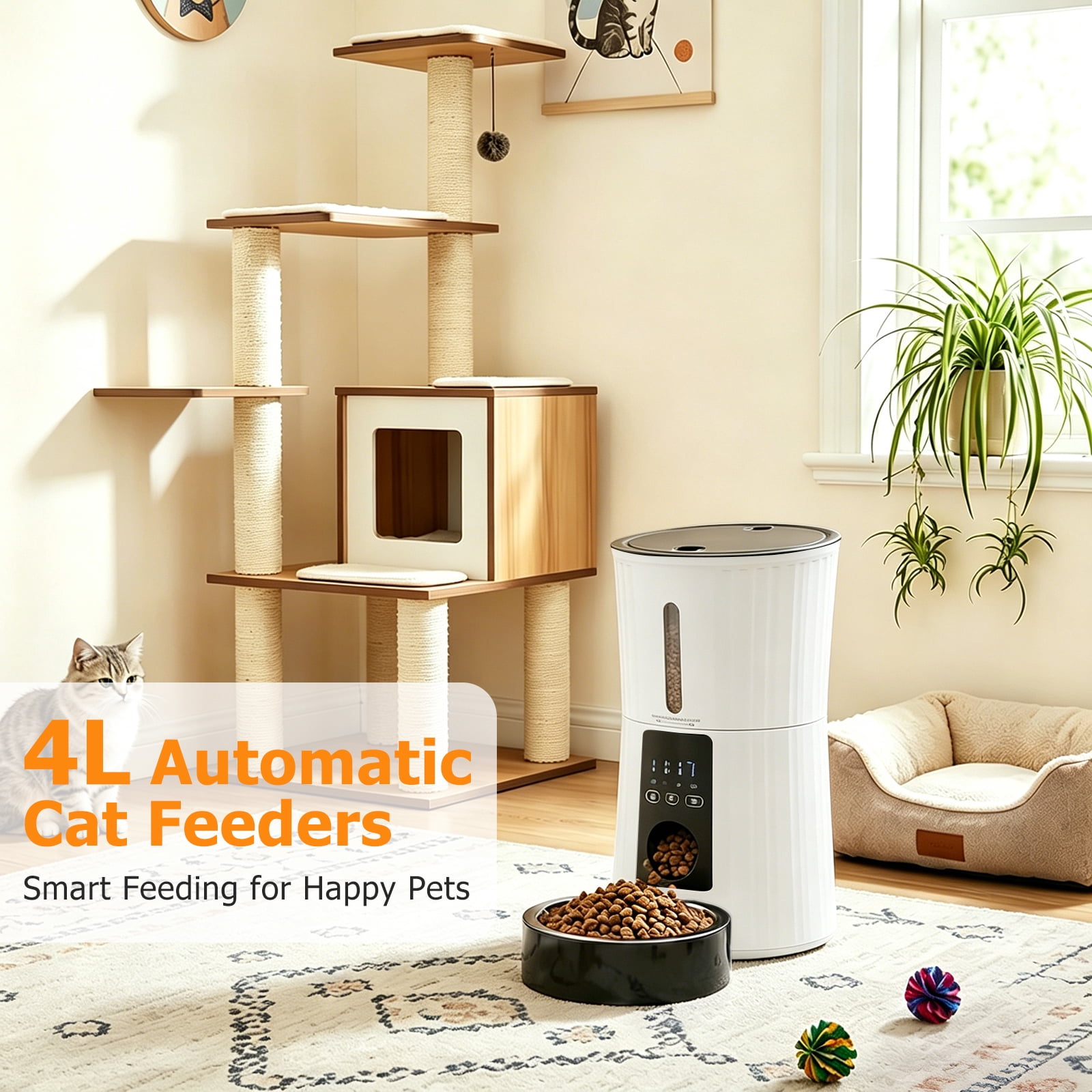 Atilioo Automatic Cat Feeder, 4L WiFi Pet Food Dispenser with App Control, Dry Food, Dual Power Supply, Timed Portion Control for Cats & Small Dogs, White