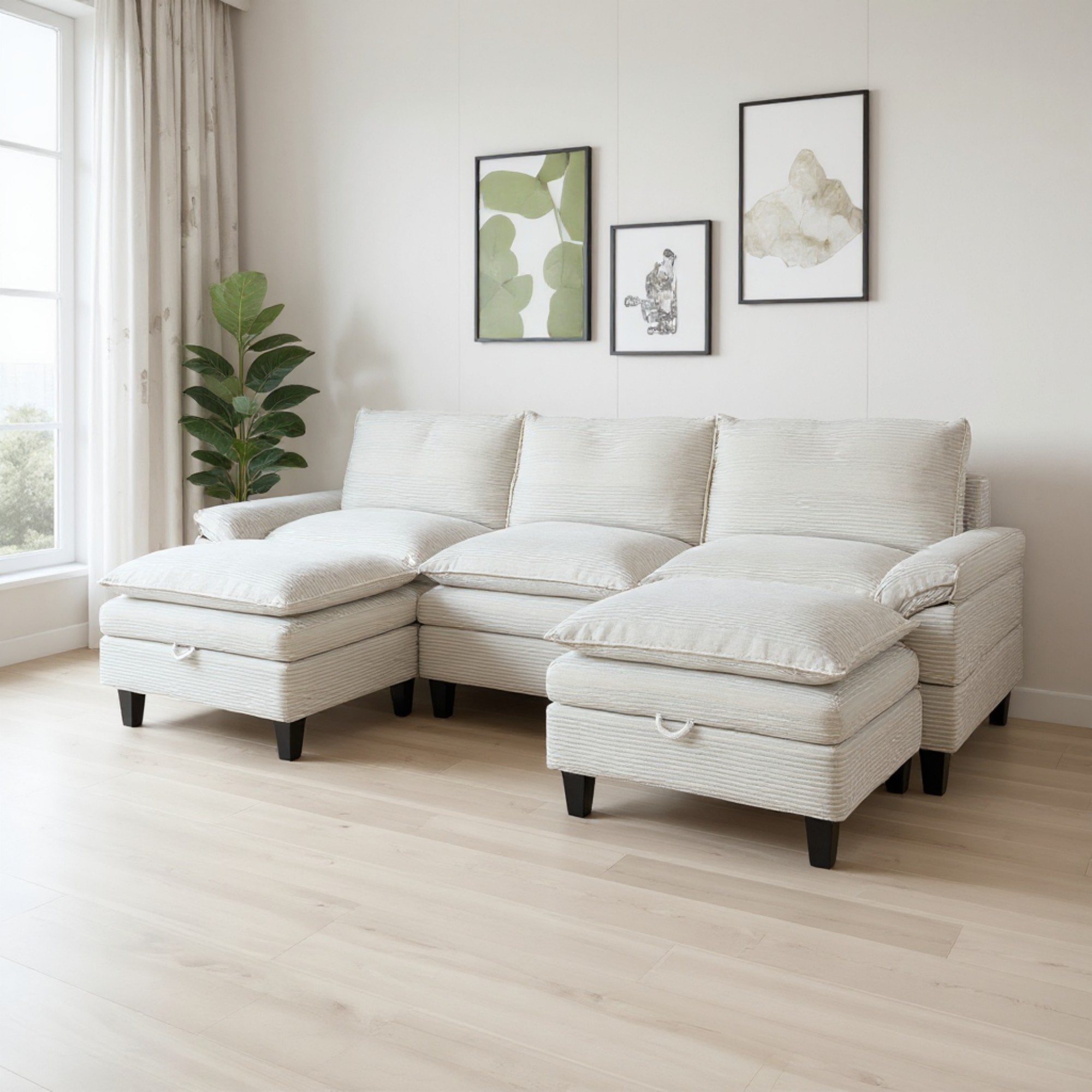 Gewnee Modular Sectional Sofa with Movable Storage Ottomans, U Shaped Cloud Couch for Living Room, 3-Seat
