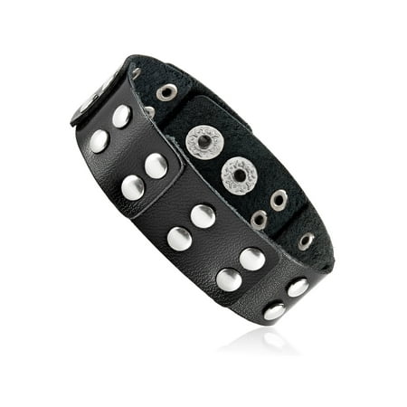 Men's Black Leather Studded Layered Cuff Bracelet (21mm) - 8.5"