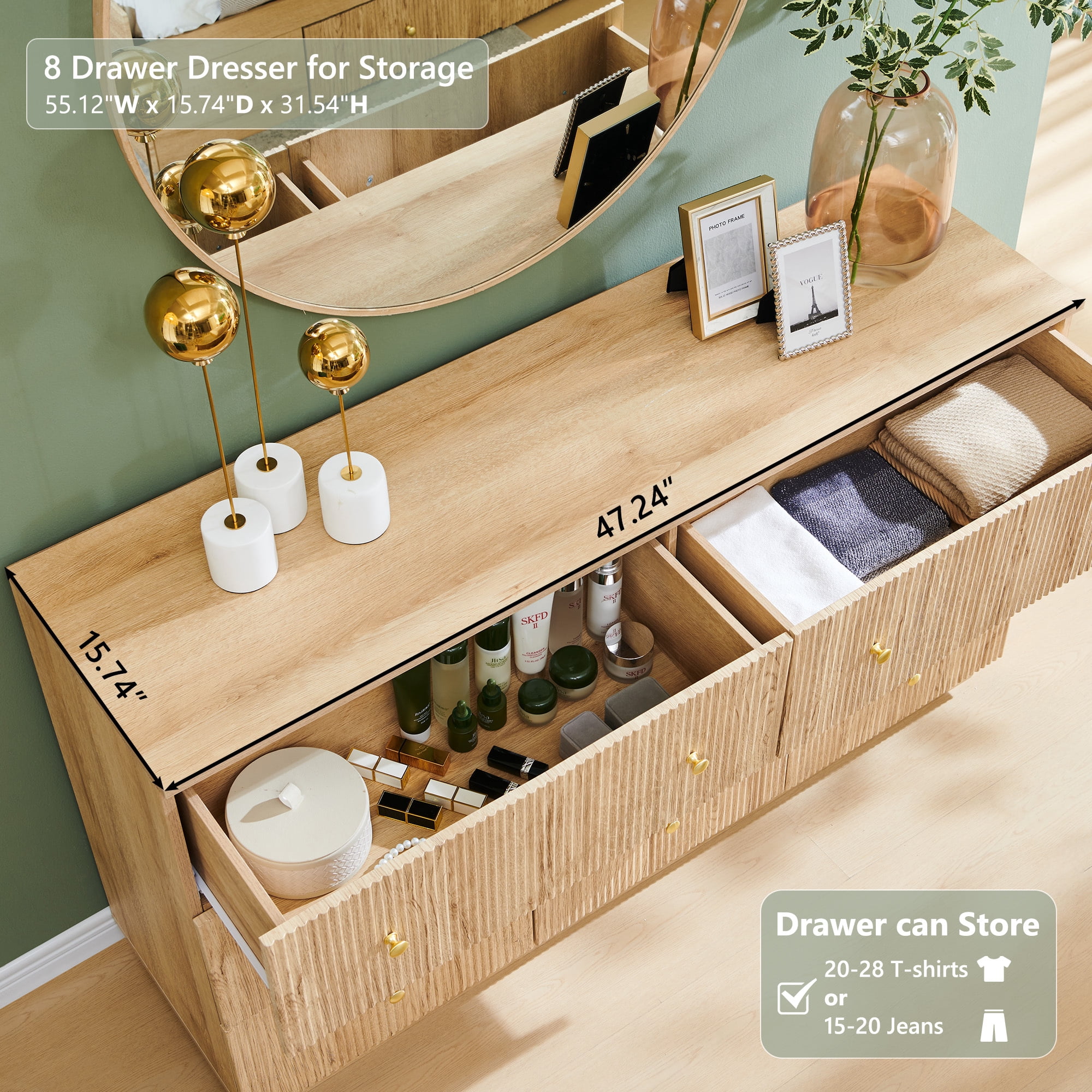 wow97e Fluted 8 Drawers Dresser, 55" W Modern Chest of Drawers with Deep Storage, Wood Tall Dresser Storage Organizer for Bedroom, Living Room, Hallway