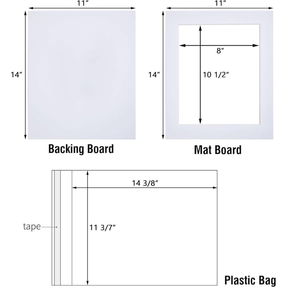 Acid Free 25 Pack 11x14 Pre-Cut Mat Board Show Kit for 8.5x11 Photos Prints Artworks White Bevel Cut Matts Backing Boards Crystal Plastic Bags