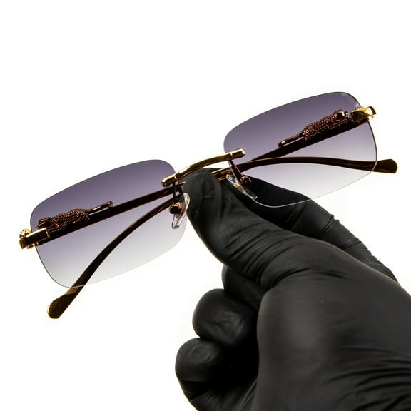 Purple Gray Tint Lens Luxury Unisex Small Square Rimless Leopard Arms Trendy Retro 90's Hip Hop lens Gold Wire Frame Sun Glasses Frameless Rectangle Grey Summer Shades Sunglasses For Men And Women