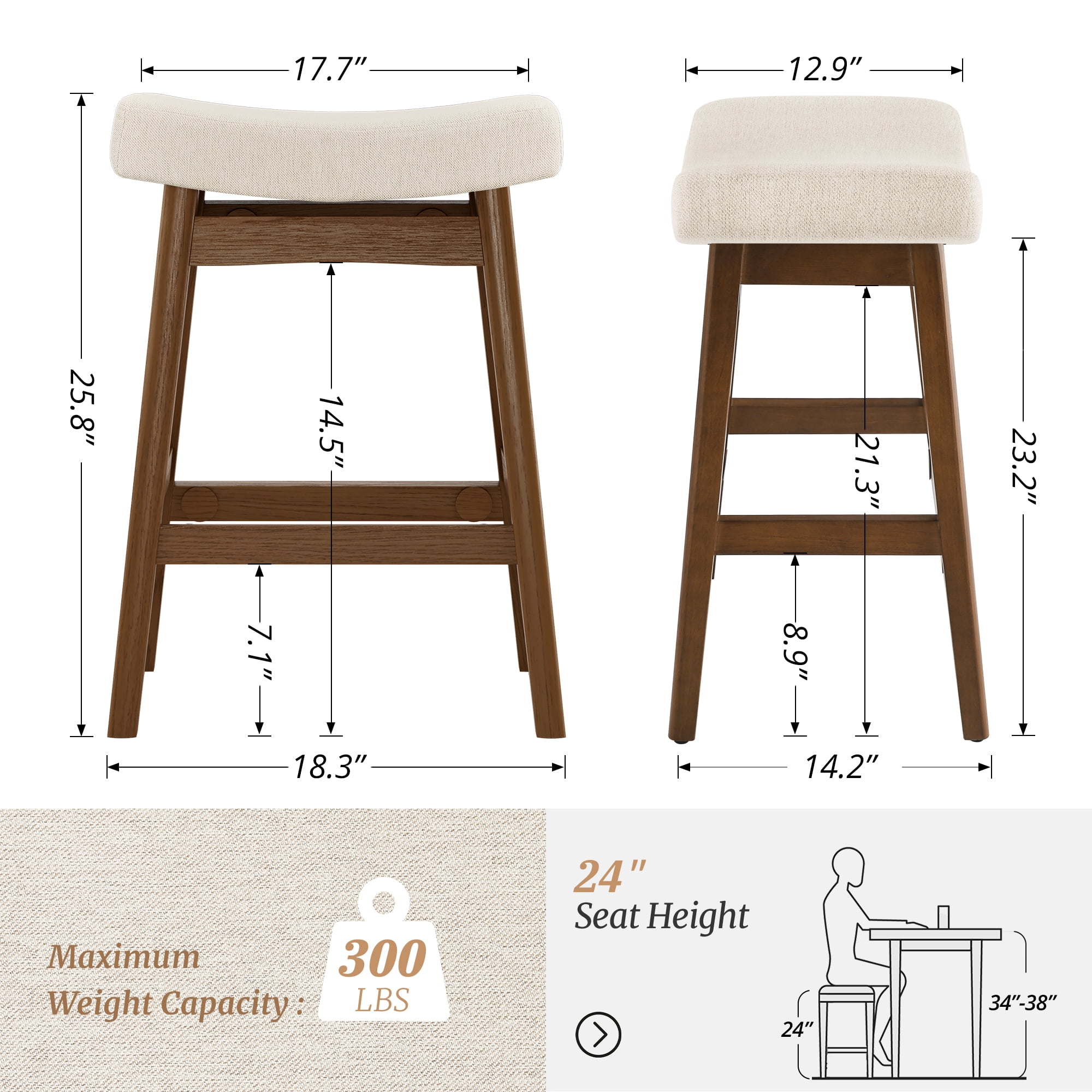 Dycanpo 24'' Counter Height Bar Stools Set of 3,Saddle Seat Bar Stools for Kitchen Dining,Linen-Fabric