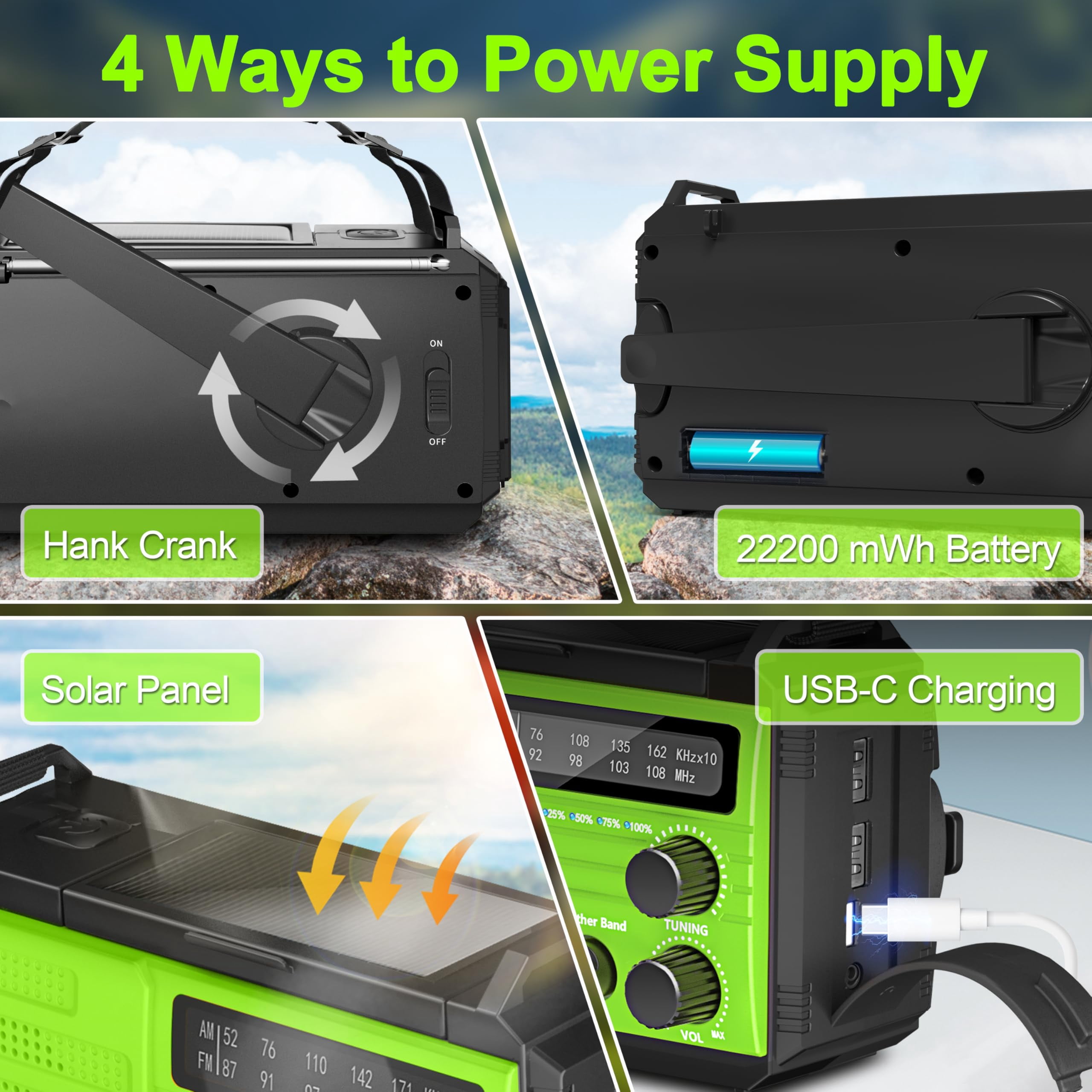 Emergency Radio With Solar & Hand Crank 22200mwh (6000mah) Noaa Weather Alert  Sos Alarm Am/fm Flashlight Compass For Tornado Winter Storm And Kits