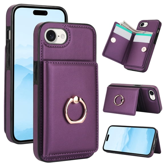 For iPhone 16e Case Wallet Card Holder,Premium PU Leather Back Flip Kickstand Folio Case,RFID Blocking Ring Holder Shockproof Magnetic Women Men For iPhone 16e,Deeppurple