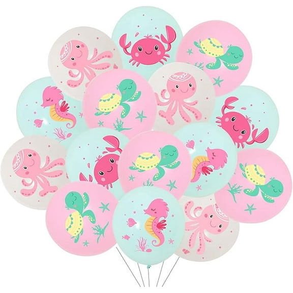 36PCS Under The Sea Birthday Balloons Pink White Blue Underwater Animal Printed Balloons Under Sea Baby Shower Decorations Ocean Theme Party Decorations for Girls 1st 2nd 3rd 4th 5th Birthday