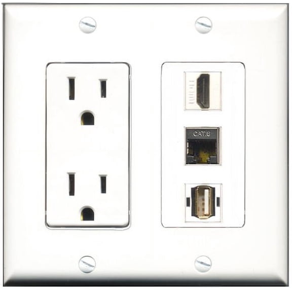RiteAV - 15 Amp Power Outlet 1 Port HDMI 1 Port USB A-A 1 Port Shielded Cat6 Ethernet Ethernet Decorative Wall Plate
