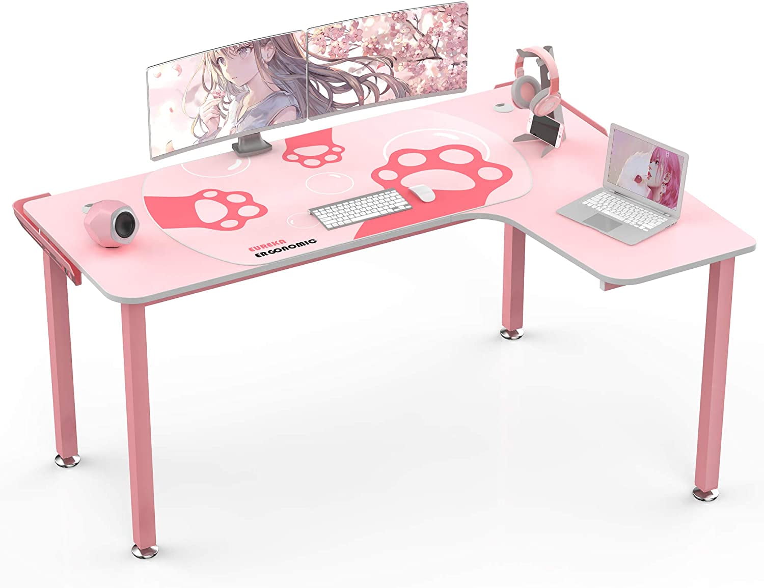 Z Shape Multi-Functional Glass Computer Desk Fashion Office Laptop Desk Pink 