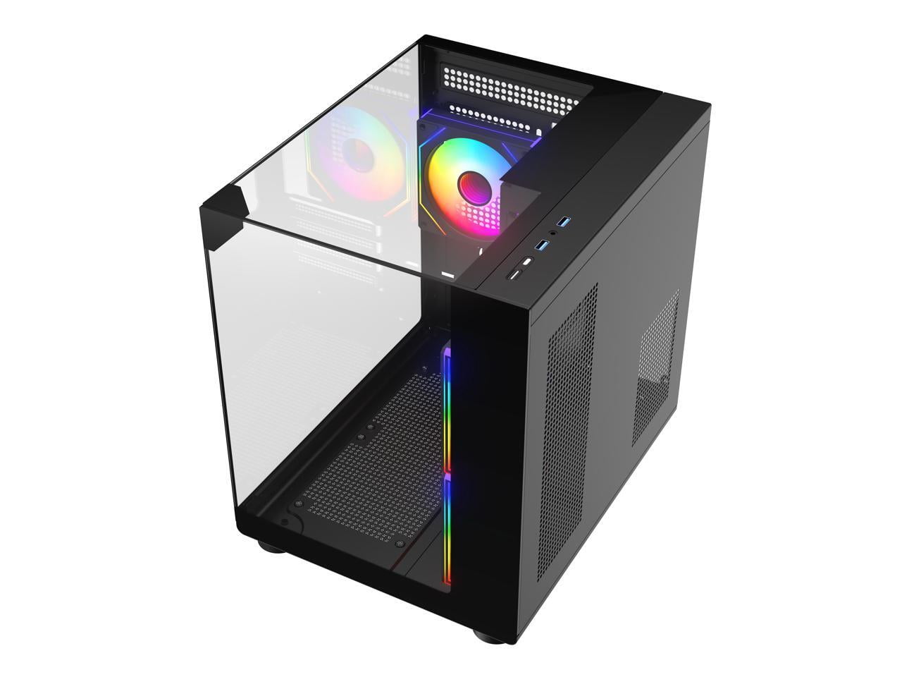 DIYPC ARGB-DC100-BK Black Dual USB3.0 Tempered Glass Micro ATX Gaming Computer Case w/ 3 x ARGB PWM Fans (Pre-Installed)