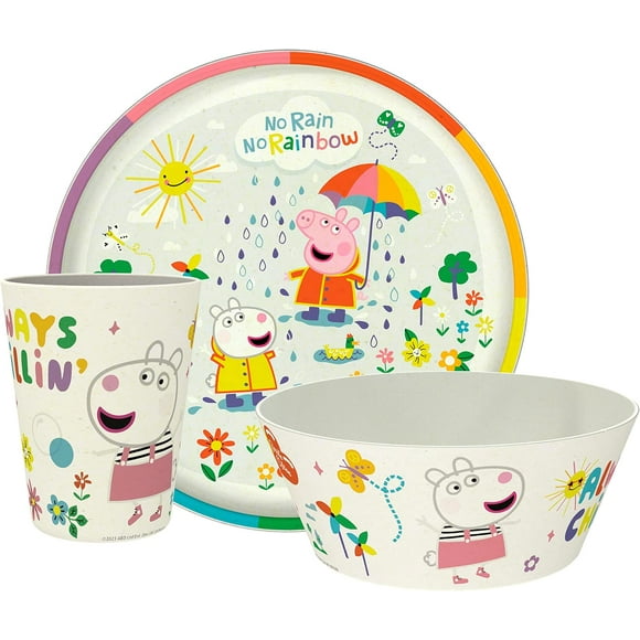 Zak Designs Peppa Pig Ensemble de Vaisselle pour Enfants 3 Pcs, Assiette en Mélamine et Bambou Durable et Durable, Bol et Gobelet Parfaits pour l'Heure du Souper en Famille (Peppa, Suzy, Zuzu)