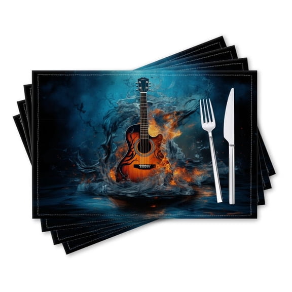 BaHomeck placemats Set of 4 rectangle Linen Cotton Placemats for Dining Table Washable Heat Resistant,18*12inch,Guitar Surrounded By Water And Fire