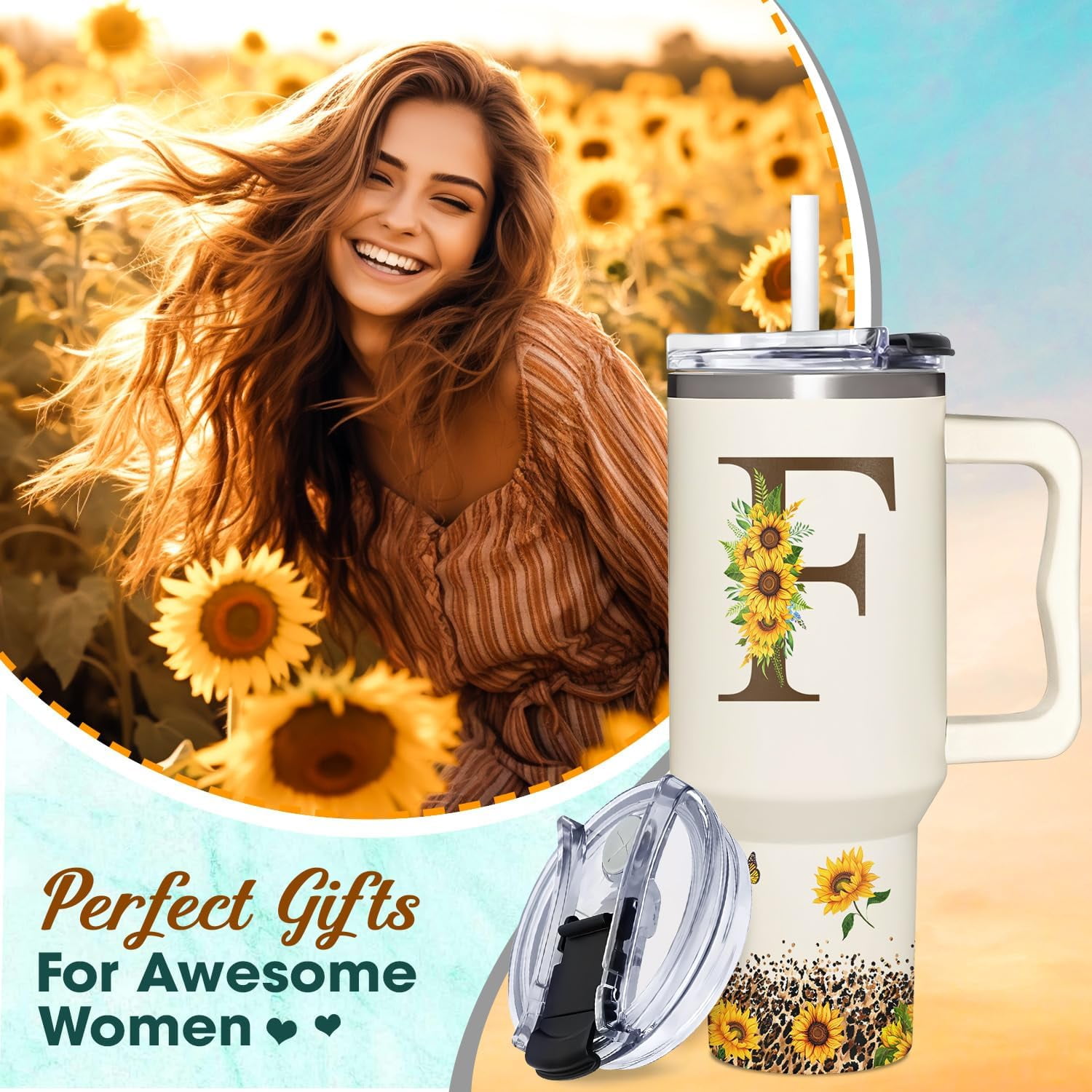 Personalized Birthday Gifts For Women - Sunflowers Monogrammed Cup For Boss Day, Christmas - Customized Gifts For Women, Mom, Wife, Coworkers, Boss Lady, Her - Custom Tumbler With Handle 40oz