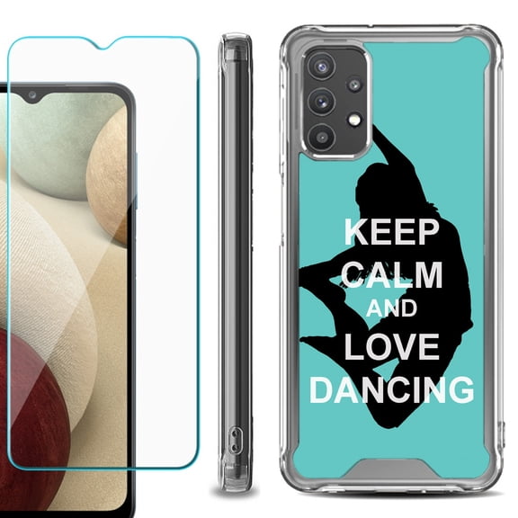 Shockproof Bumper Phone Case for Samsung Galaxy A32 5G, with Tempered Glass Screen Protector, by OneToughShield ® - Keep Calm / Dancing