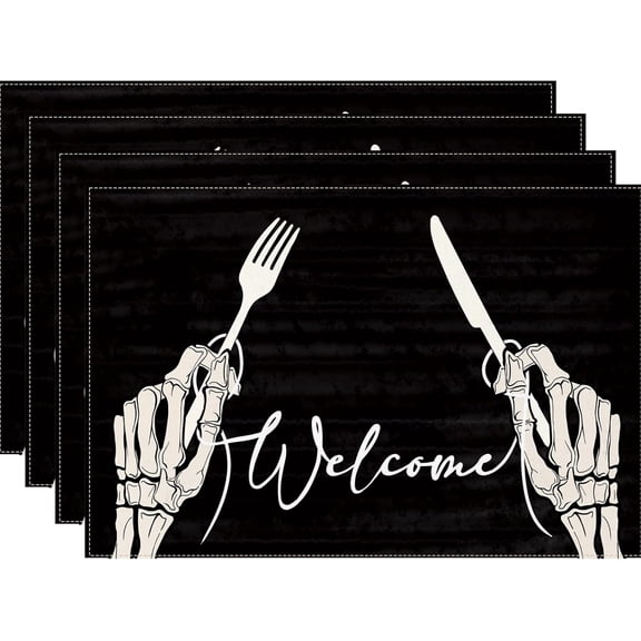 4PCS Halloween Place Mats Set, 12x18 Inch Black White Skeleton Hands Table Place Mats Decorative Halloween Farmhouse Table Mat for Halloween Kitchen Dining Indoor Home Party Decoration