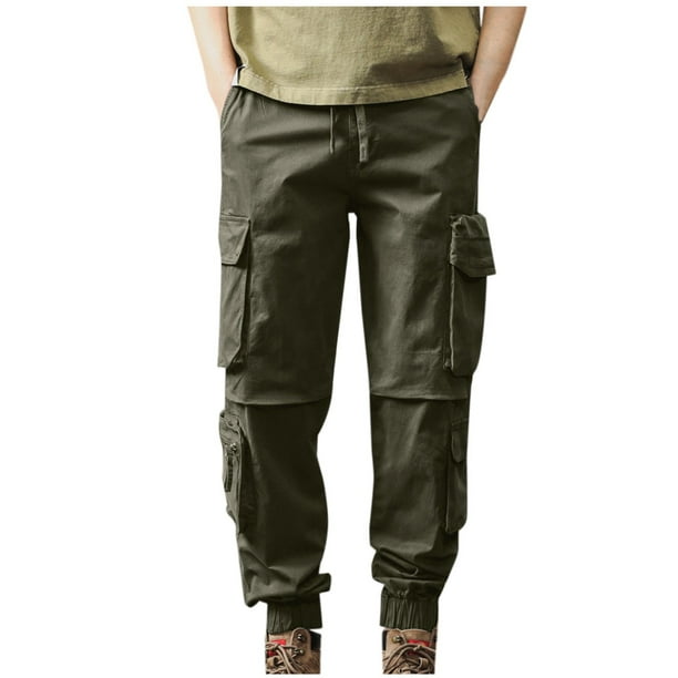 Pantalones largos de moda para hombre, casuales, de color sólido, con múltiples bolsillos cargo y cuerda elástica, pantalones casuales para hombre.