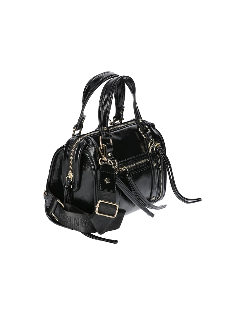 Madden NYC Women's Soft Zipper Satchel Handbag, Black Shine