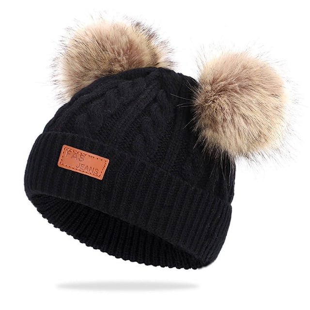 Gorro de punto con pompón doble de color para invierno para niños pequeños