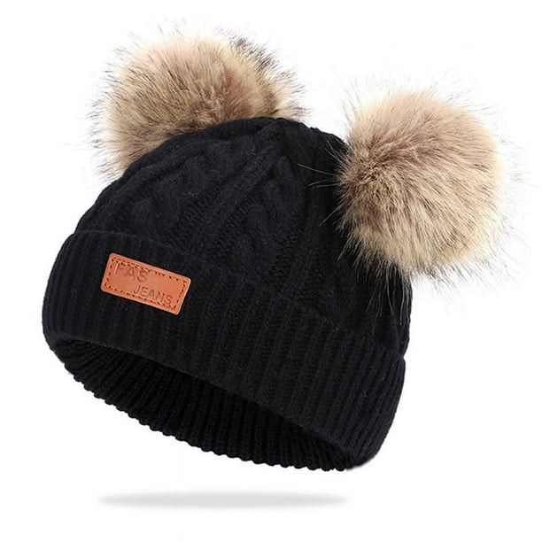 Gorro para niño pequeño, gorro de punto con pompón doble de invierno de color