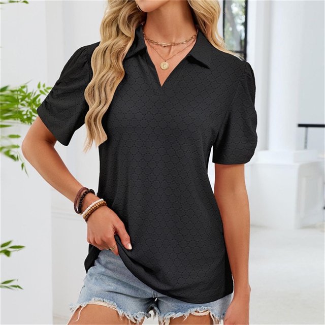 Nuoqisi Polos pour Femmes Col à Revers Col en V Manches Courtes Blouse Chic Décontractée Tuniques