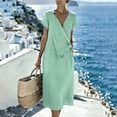 thumbnail image 6 of Pounoo Women's Dresses V Neck Short Sleeve Wrap Linen Blend Midi Dress With Waist Tie Casual Beach Wear Lightweight Breathable Loose Fit Vacation Sundresses Gift, 6 of 7
