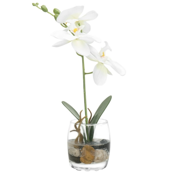 Mini Synthetic Silk Artificial White Phalaenopsis Orchid in Glass Vase