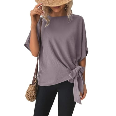 Women Summer Top Knotted Hem Back Pleated Midline Keyhole Back Half Sleeves Round Neck Summer Shirt Top Grey Purple XL