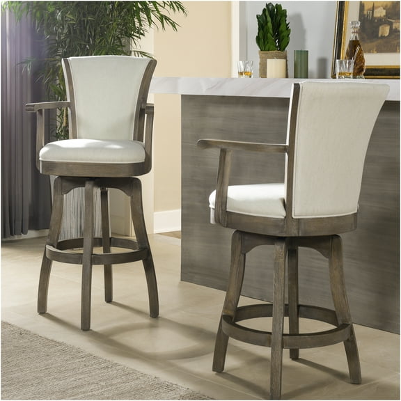 JERFIT White Linen Swivel Bar Stool with Arms and Footrest for Counter Height Table, High Back Upholstered Stool Chair