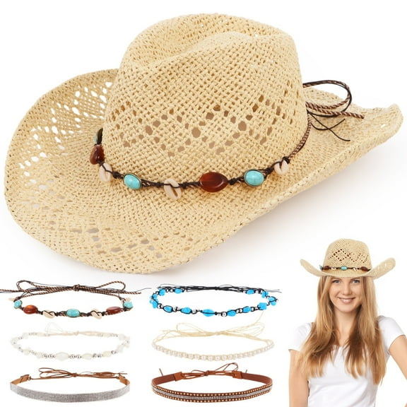 Straw Cowgirl Hat with 6 Belts, Hand Woven Cowgirl Hat, Women Straw Hat with 6 Decorative Chains, Hollow Out Beach Sun Hat with Wide Brim, Western Roll Up Cowgirl Hat for Vocations, Parties