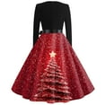 thumbnail image 3 of Women's Christmas Print Flare Dress with Snowflake, Christmas Tree and Snowman Pattern, Long Sleeve Round Neck Vintage Party Dress with "Merry Christmas",Red,Size 3XL, 3 of 4
