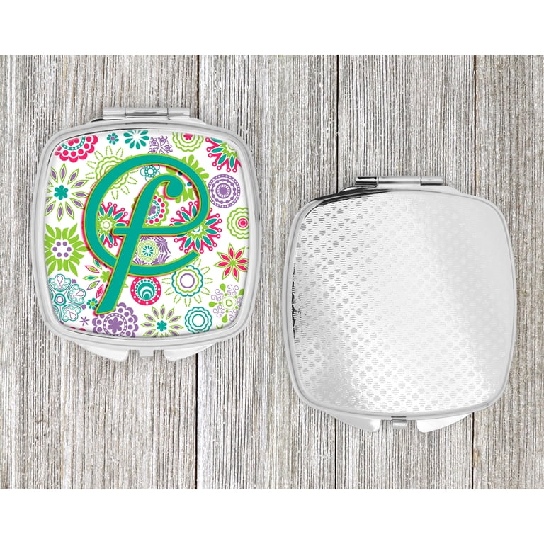 Letter F Flowers Pink Teal Green Initial Compact Mirror CJ2011