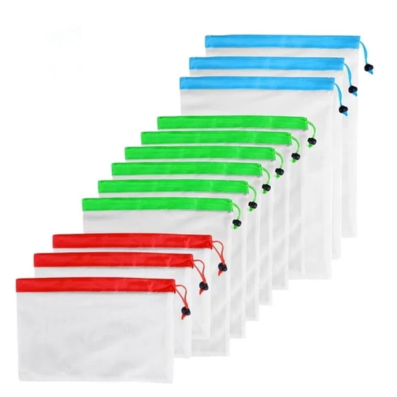 THHEIC 12-Pack Reusable Mesh Produce Bags with Drawstring, Washable Green Net Bags for Grocery Shopping, Refrigerator Storage of Fruits and Vegetables, Eco-Friendly