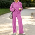 thumbnail image 4 of hoksml Women's Ribbed Knit Hooded Tracksuit 2 Piece Outfit, V Neck Long Sleeve Top and Wide Leg Pants Casual Loungewear Set, 4 of 8