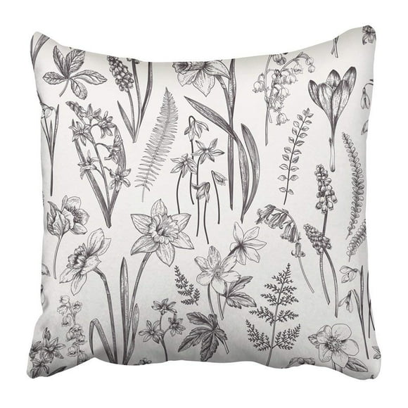 RYLABLUE Vintage Floral Spring Flowers and Herbs Botanical Narcissus Lily of the Valley Hellebore Snowdrop Pillowcase Pillow Cover 18x18 inches