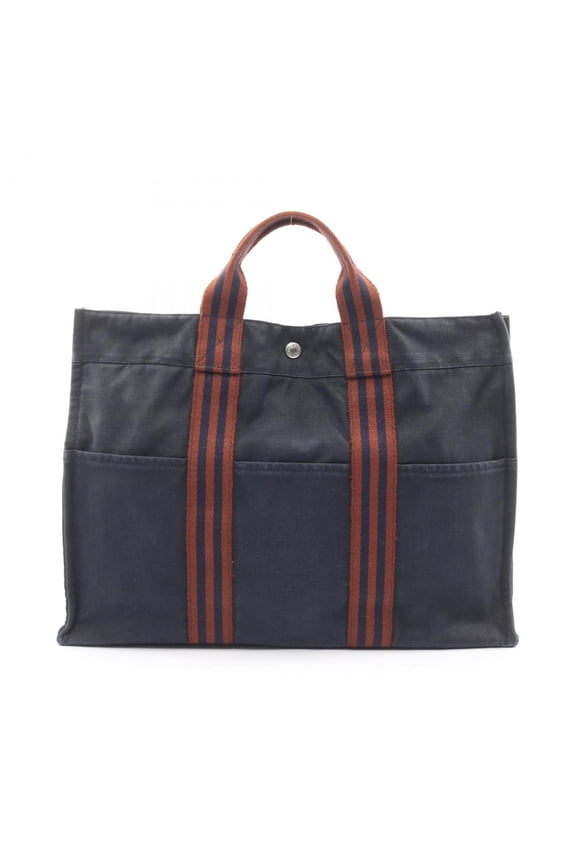 Pre-Owned Hermes Herms Foul Tote MM Bag, Canvas, Women's, Navy and Brown (Fair)