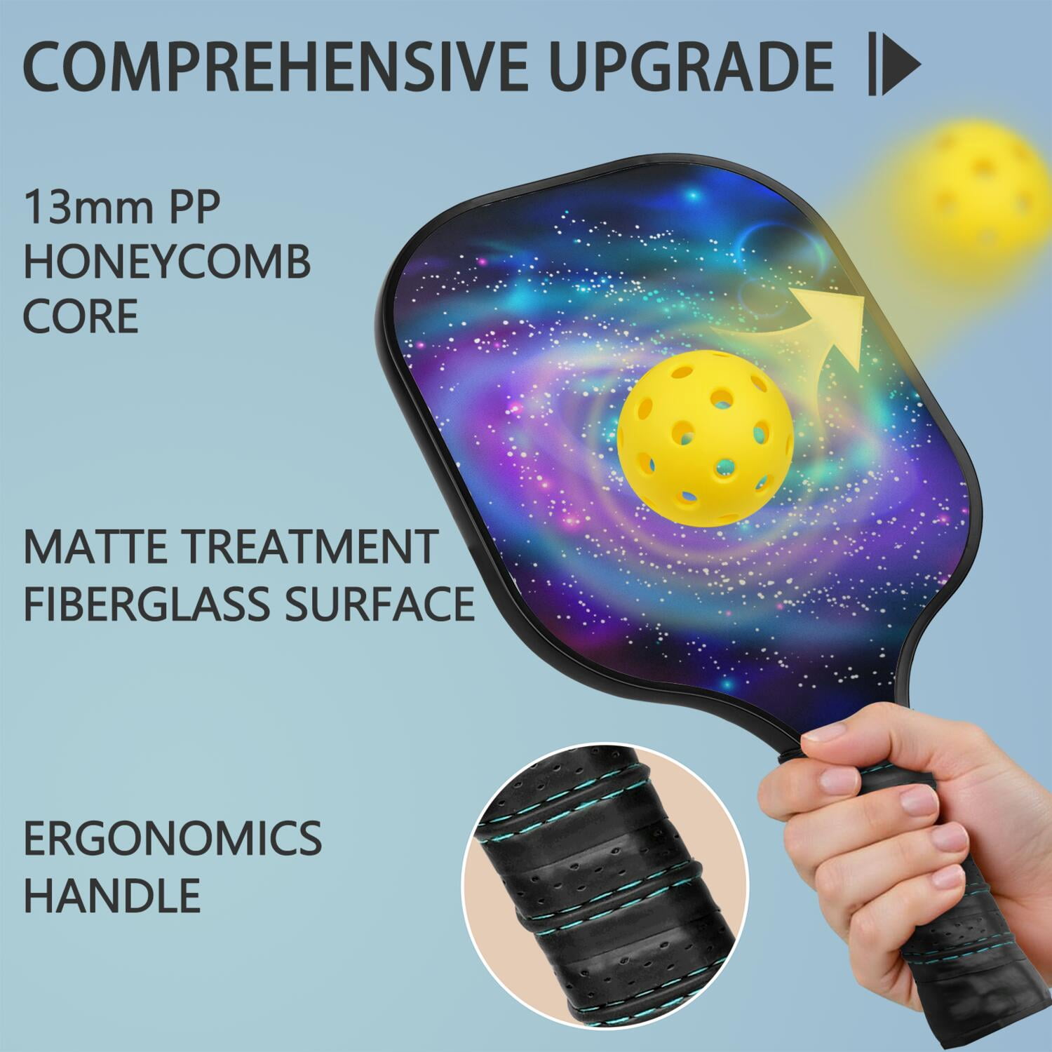 Pickleball Paddles Set Of 1, Fiberglass Surface, Galaxy, Universe, Starry Sky Print, 1 Paddle, 2 Balls & Bag
