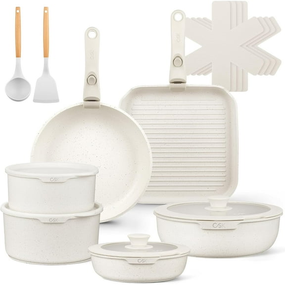 Koch Systeme CS 18-Piece Nonstick Aluminum Cookware Set, Cream White Interior & Exterior, Versatile Kitchen Essential, Oven-safe and dishwasher-friendly