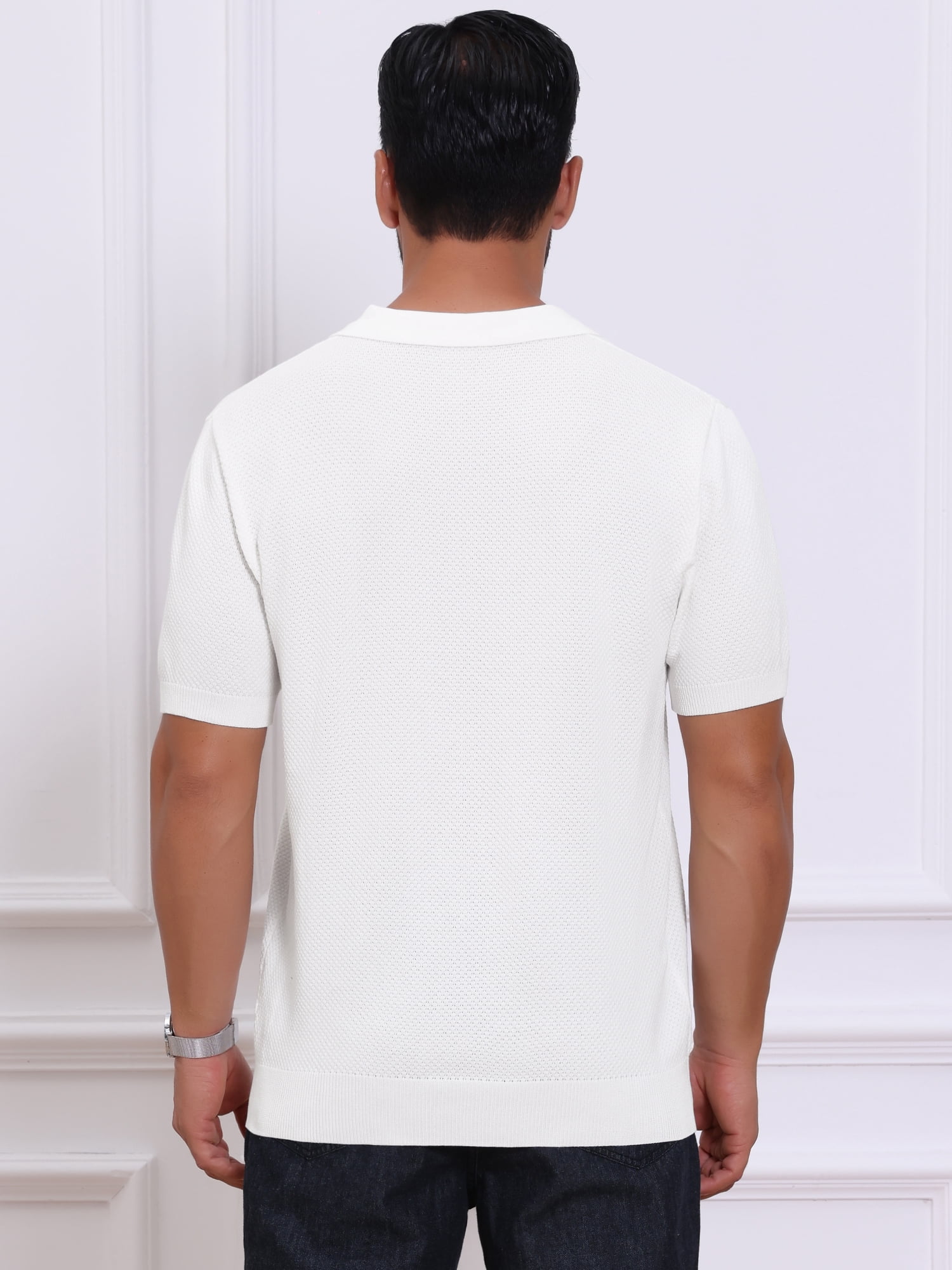 DARING DIVA Men's Textured Knit V Neck Short Sleeve Casual Golf Polo Shirt M White