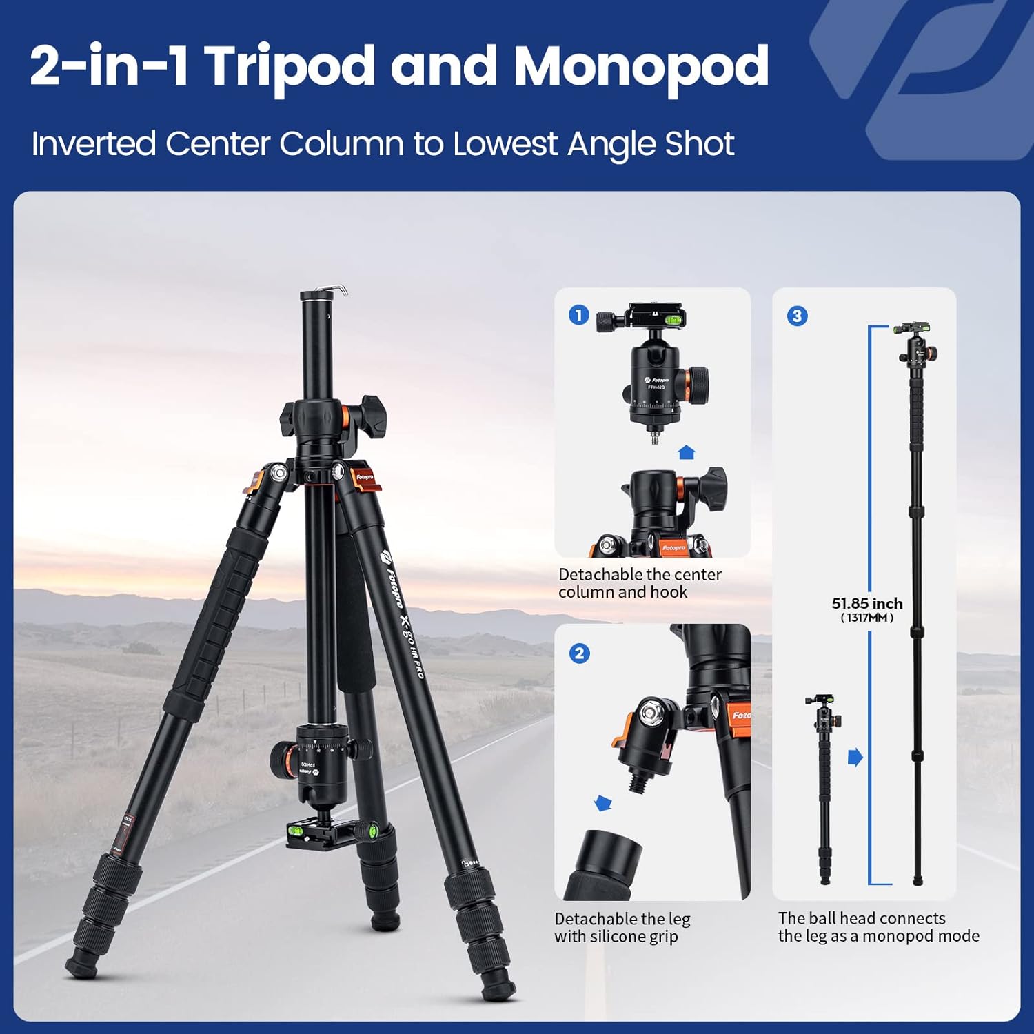 Fotopro X-Go HR Pro 62.6" Aluminum 2-in-1 Tripod and Monopod with Panoramic Ball Head, Heavy Duty Tripod Stand, 360° Horizontal Rotation, Multi Angle Center Column, Macro Shooting, Max Load 17.6 lbs