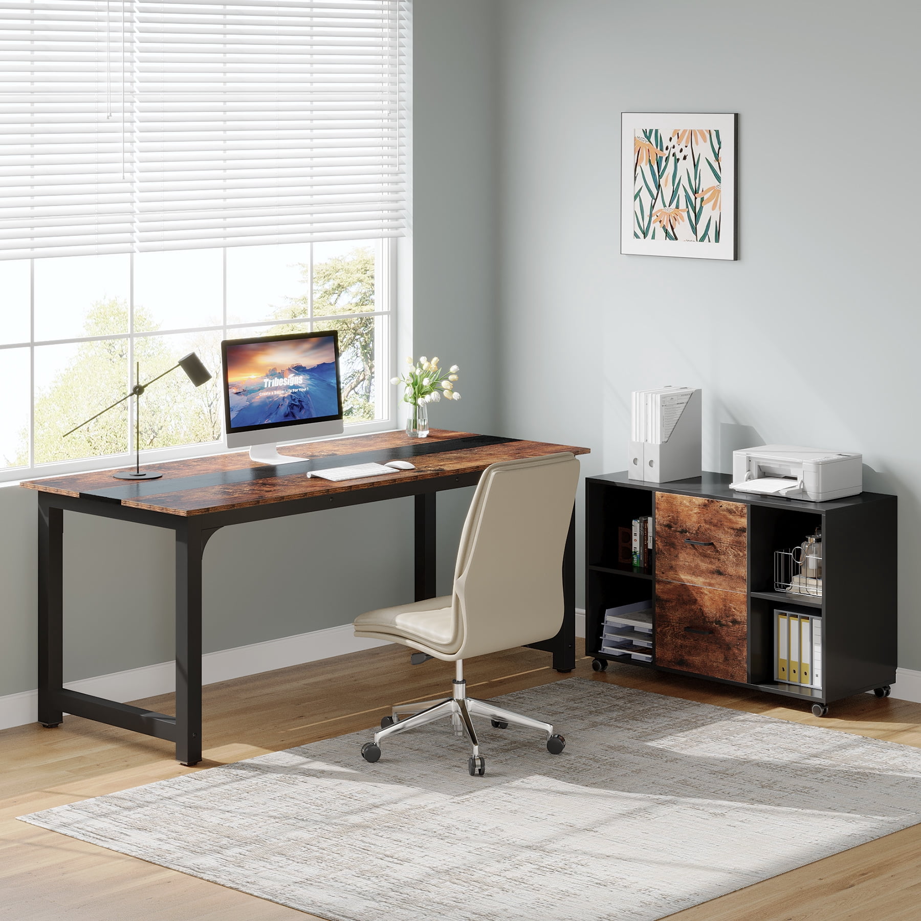 Tribesigns Executive Computer Desk with File Cabinet, 71-inch Home Office Desk with Filing Storage Drawer Cabinet, Brown & Black