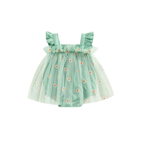 

HOANSELAY 0-18M Baby Girl Mesh Romper Dress Daisy Embroidery Fly Sleeve Frill Trim Jumpsuit Girl Summer Clothes