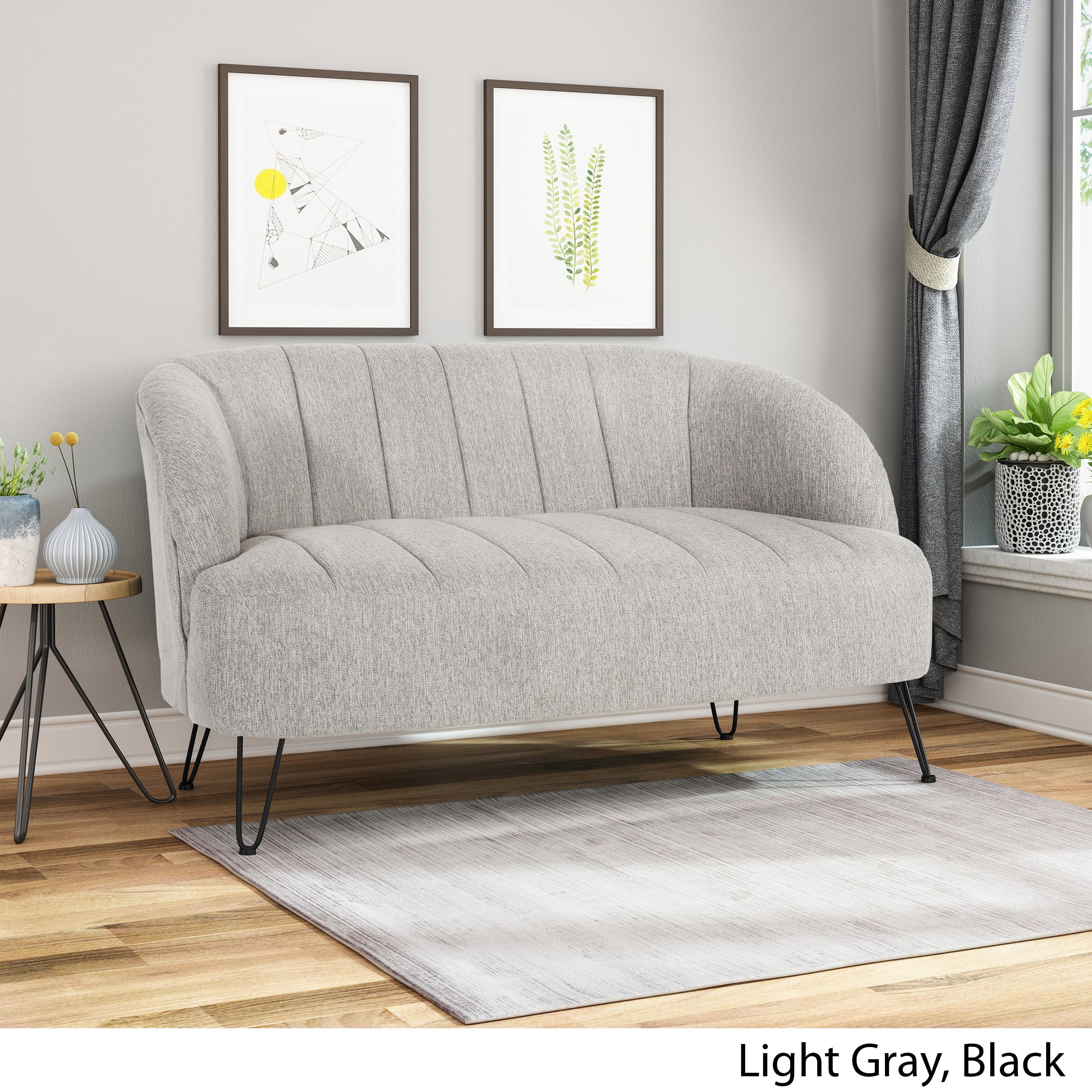 Noble House Yareli Fabric Loveseat with Hairpin Legs, Light Gray